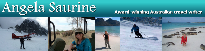 Angela Saurine, Award-winning travel journalist. Images of Angela Saurine in Alaska, Kenya, Wineglass Bay, Skiing, Easter Island, and the Galapagos Island.